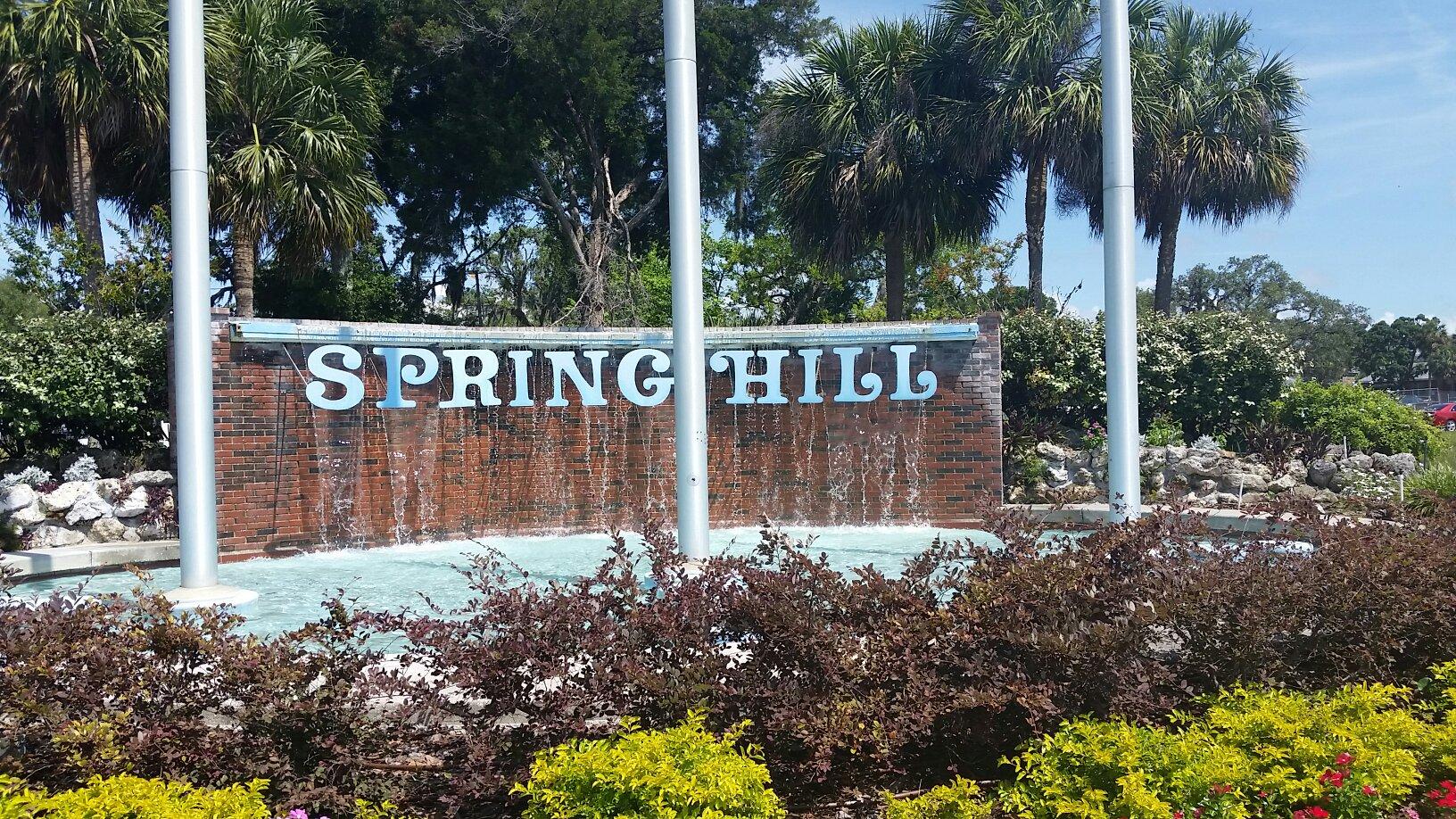 The Spring Hill, Florida brick fountain sign framed by palm trees and flowers